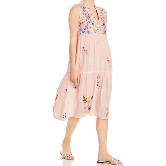 Johnny Was Aimee Floral Embroidered Sleeveless Dress Small Striped Pink Tiered - Picture 1 of 5